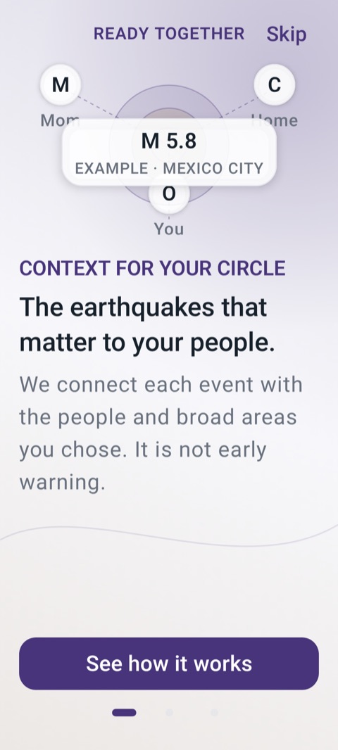 Ready Together local prototype explaining how an earthquake relates to a selected circle