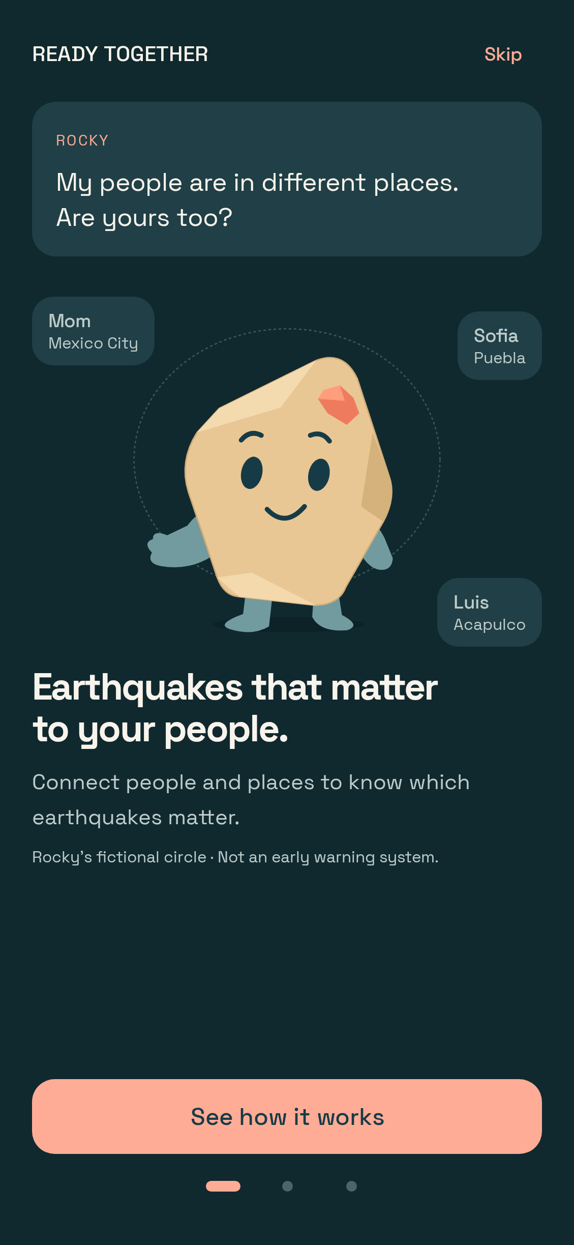 Current Ready Together onboarding with Rocky and a fictional circle in different places