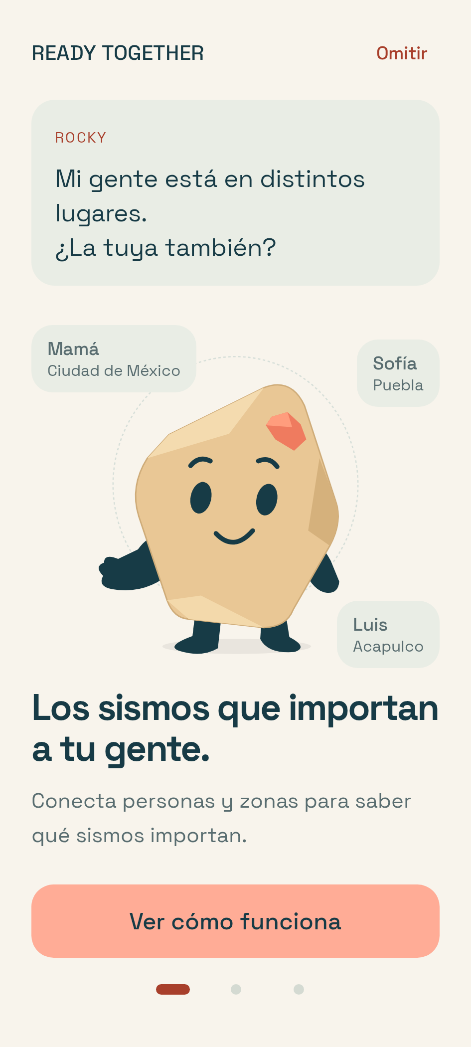 Onboarding actual de Ready Together con Rocky y un Círculo ficticio en distintos lugares