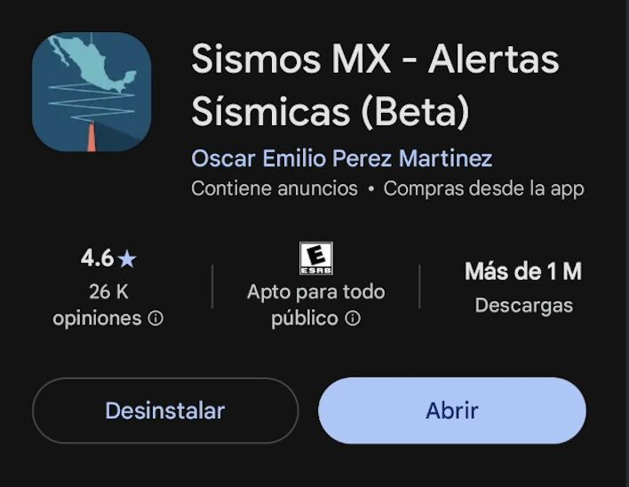 Google Play listing for Sismos MX showing more than one million downloads
