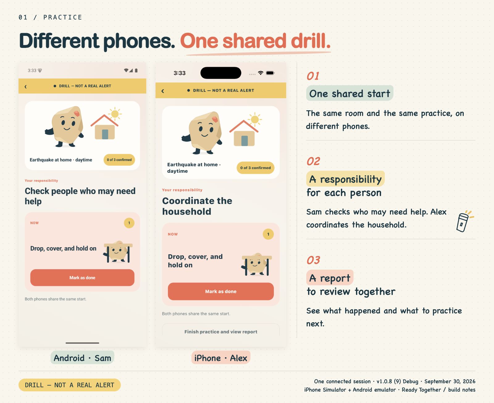 Alex on iPhone and Sam on Android practice in the same room with different responsibilities. Both screens show DRILL — NOT A REAL ALERT.